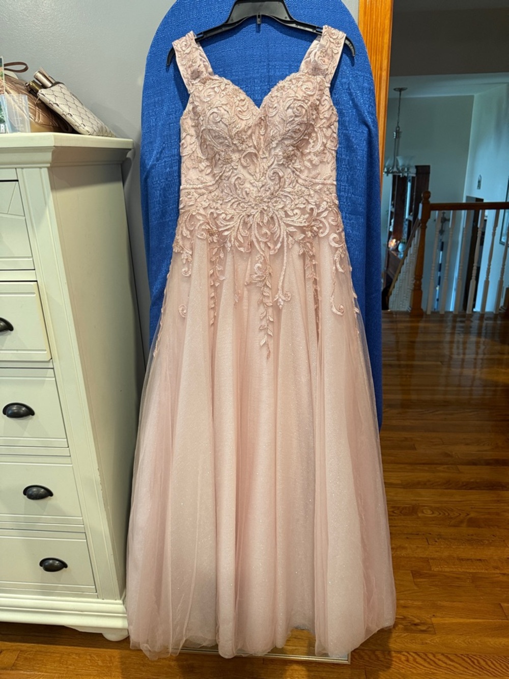 Embroidered Blush Pink A-Line Prom Dress with V-Neck